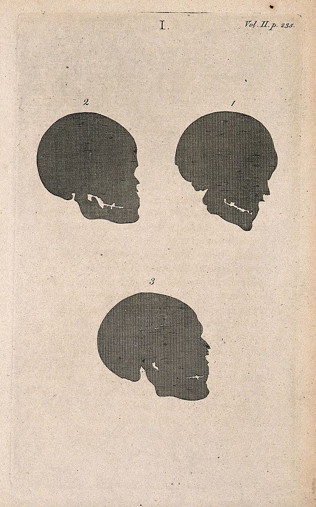 Human skulls in silhouette: four figures. Line engraving, 1780/1800.
