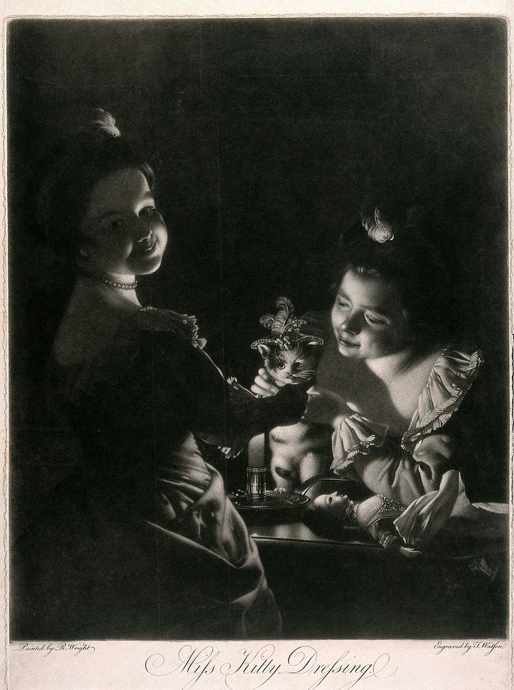 Two girls dress up a kitten in a bonnet. Mezzotint by T. Watson, 1781, after Joseph Wright.