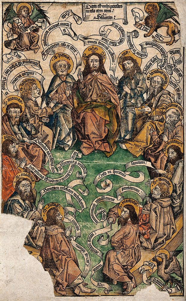 Christ as Salvator Mundi with the apostles. Coloured woodcut.