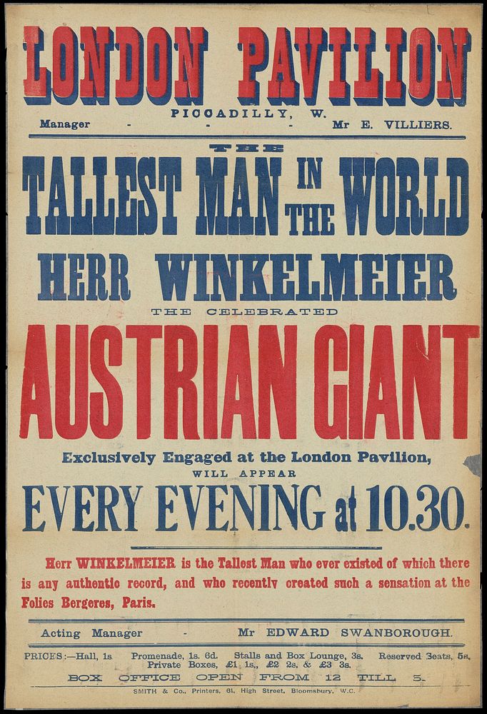 The tallest man in the world : Herr Winkelmeier, the celebrated Austrian giant, exclusively engaged at the London Pavilion.