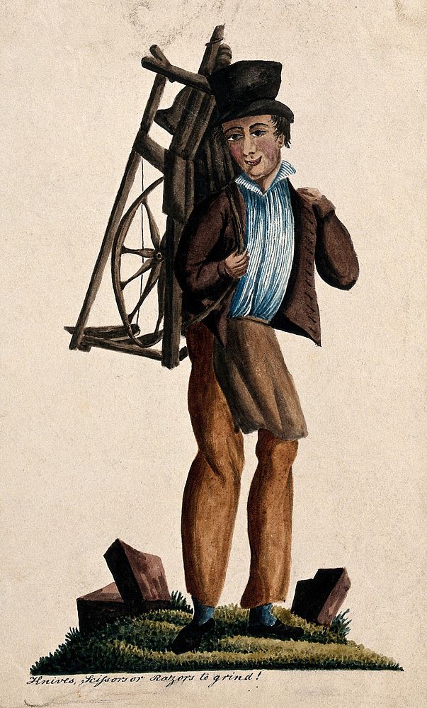 A man is carrying a knife grinder's wheel on his back. Watercolour painting.