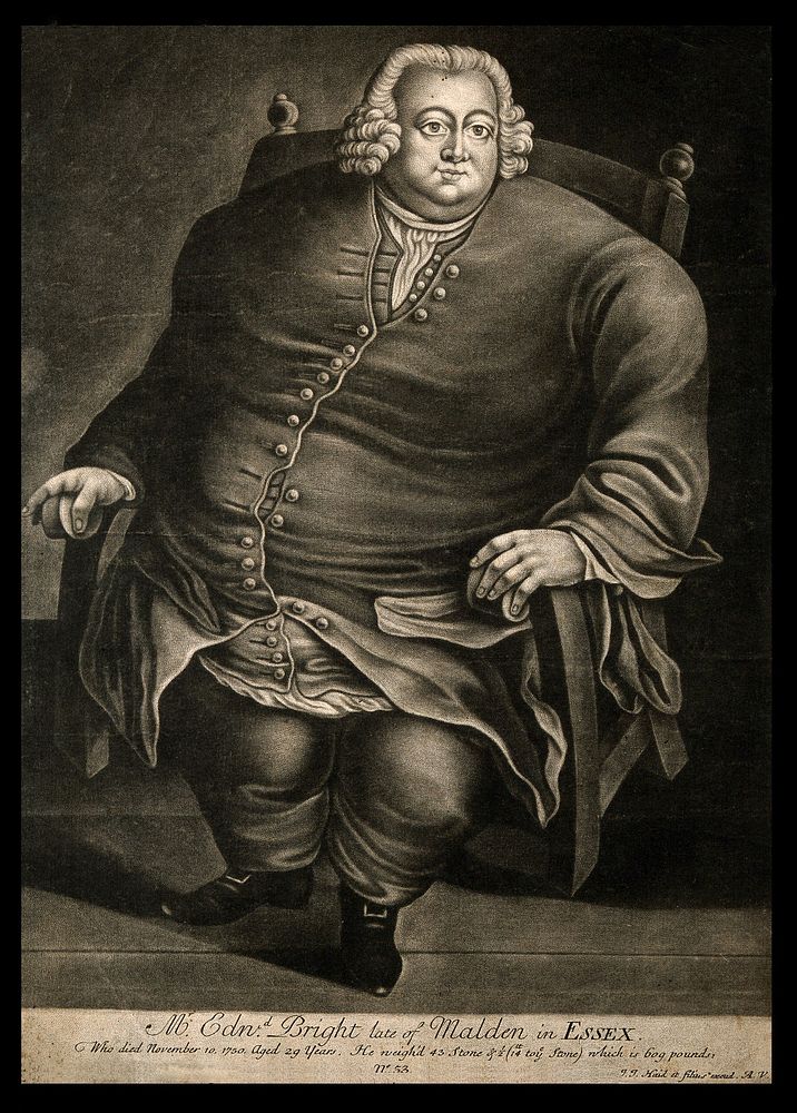 Edward Bright, a man weighing forty three and a half stone. Mezzotint.