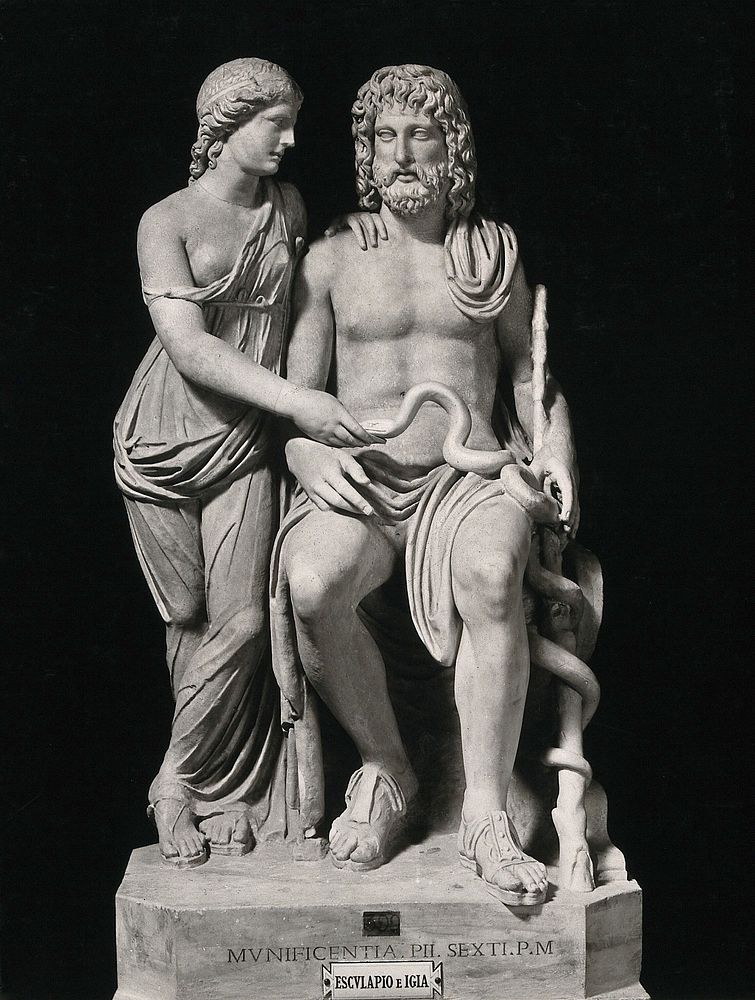 Aesculapius and Hygieia: the Greek god of healing with his daughter the Greek goddess of health. Photograph by Alinari…