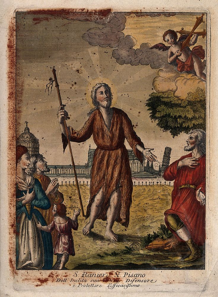 Saint Rainerius of Pisa. Coloured etching.