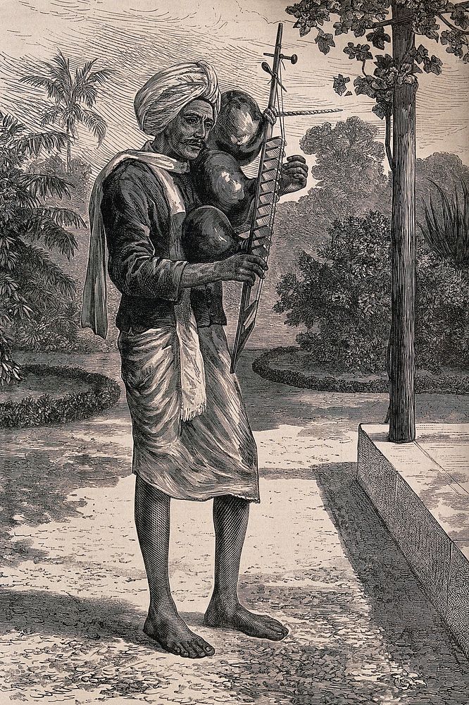 A man standing in a garden in Madras playing the stick zither or tingadee. Wood engraving, 1876.
