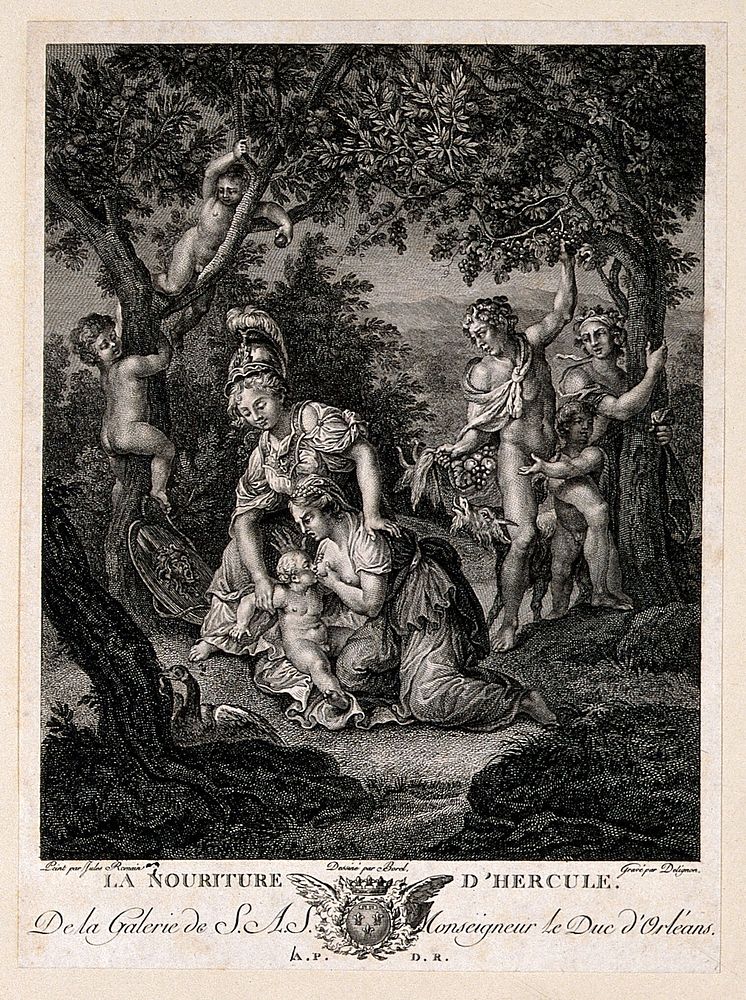 Hercules: as an infant he sucks at the breast of Juno. Engraving by J.L. Delignon, 1786, after A. Borel after Giulio Romano.