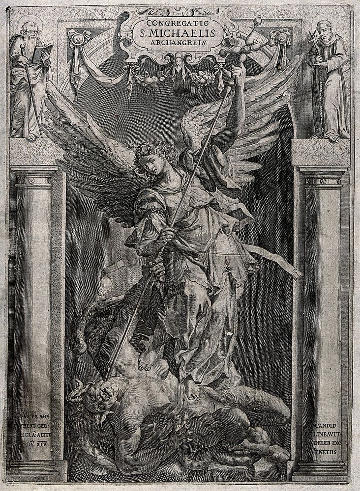 Saint Michael the Archangel. Engraving after P. Witte (Candid) after H. Gerhard.