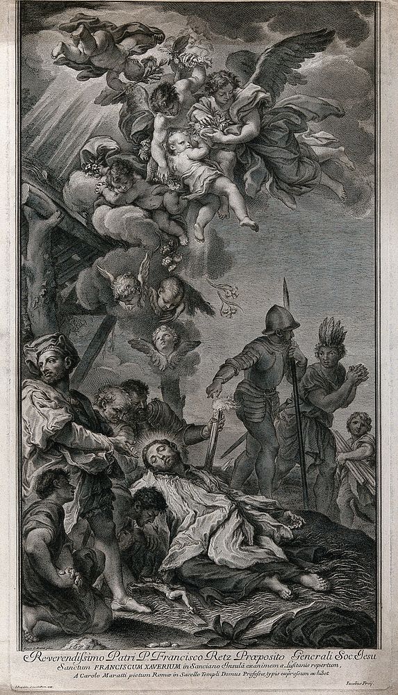 The death of Saint Francis Xavier. Engraving by Jacobus Frey the elder, 1733, after C. Maratta, 1678.