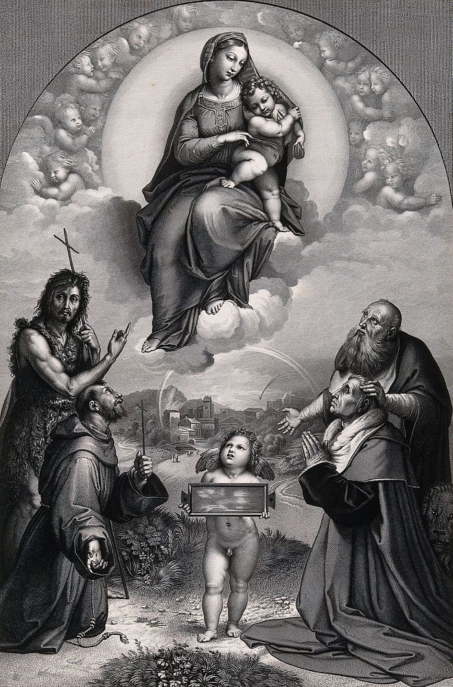 The Virgin and Child with Saint John the Baptist, Saint Francis of Assisi, Saint Jerome and a donor. Engraving by A.G.L.…