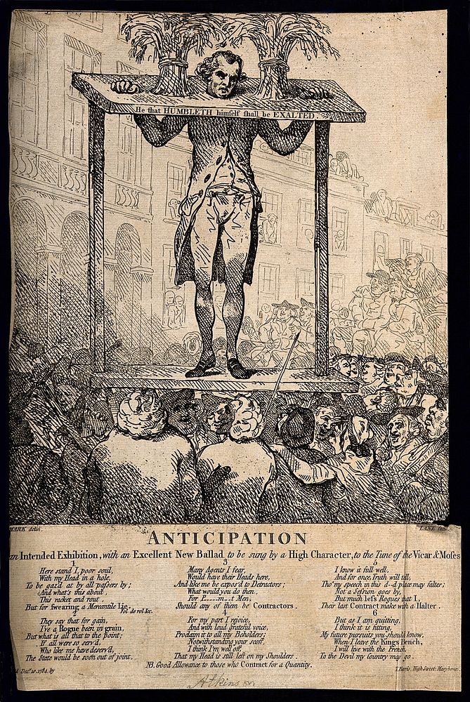 Christopher Atkinson pilloried as part of his sentence for cheating on the Navy Victualling Board; illustrated by a pillory…