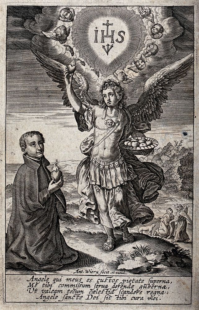 A believer who is holding the Sacred Heart is kneeling before the Archangel Raphael, who presents the Sacred Heart; above…
