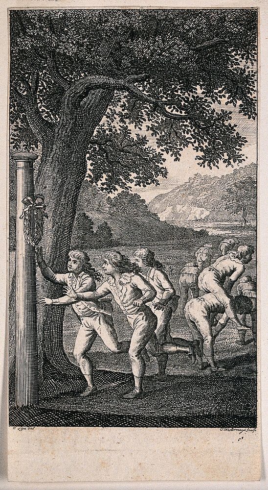Boys runing a race to seize the winner's wreath while others are playing leapfrog. Engraving by C. Westermayer after H. Lips.