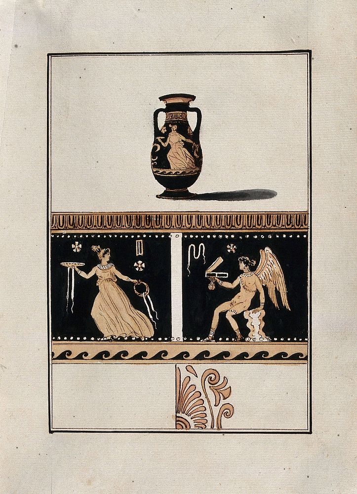 Above, red-figured Greek amphora; below, detail of the decoration showing a woman holding a plate and a seated winged figure…