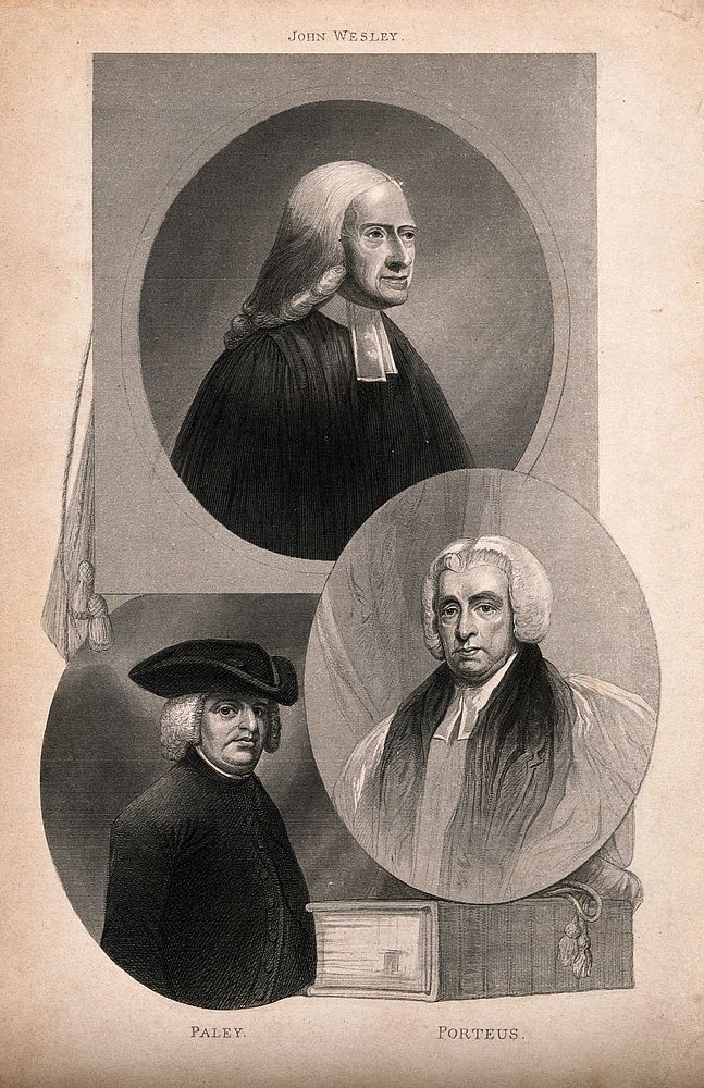 Three churchmen: John Wesley, William Paley, and Beilby Porteus. Engraving.