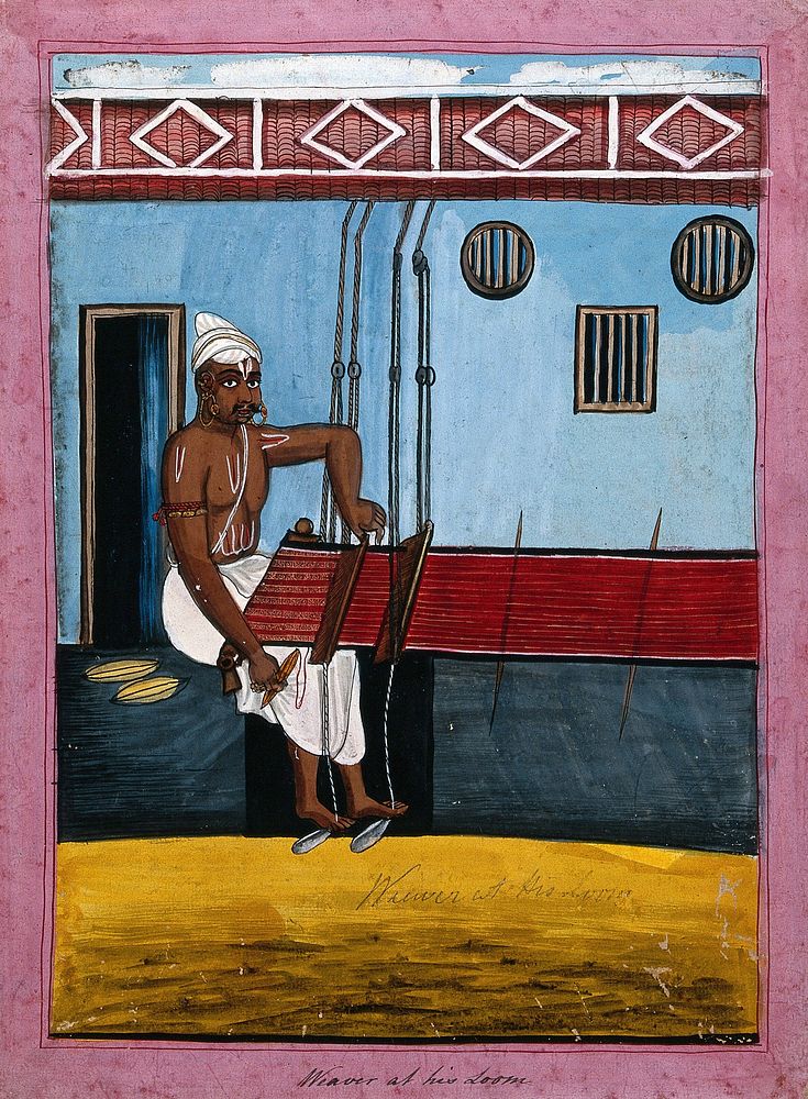 Indian weaver at his loom. Gouache drawing.