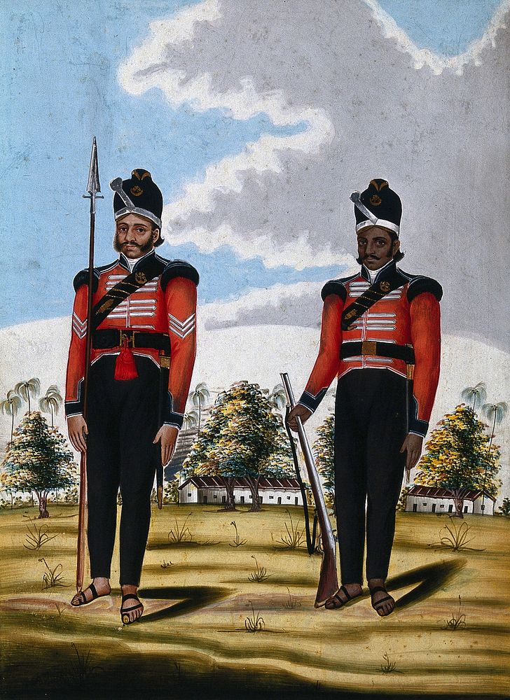 Two sepoys dressed in Western military uniforms. Gouache drawing.