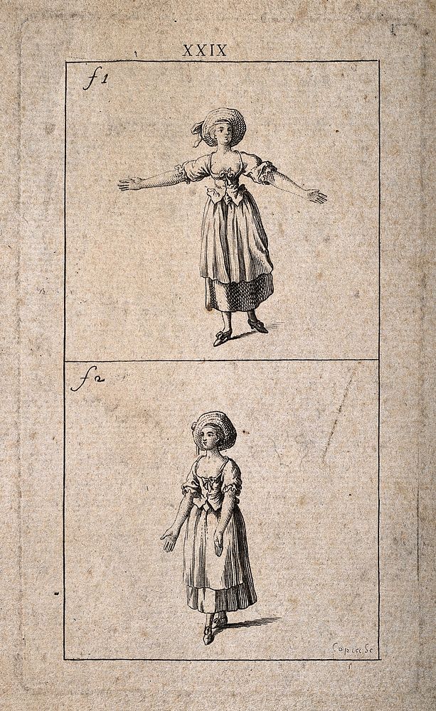 A woman showing two examples of sign language. Etching by J. Copia.