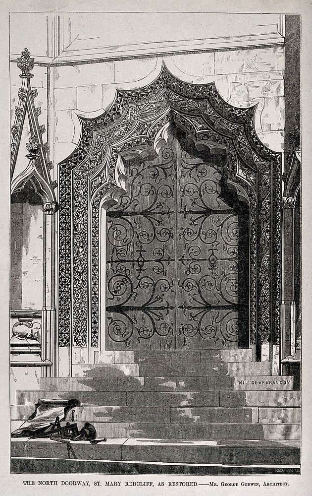 Architecture: a restored carved doorway at St. Mary Redcliffe, Bristol. Wood engraving by W. E. Hodgkin, 1853, after G.…