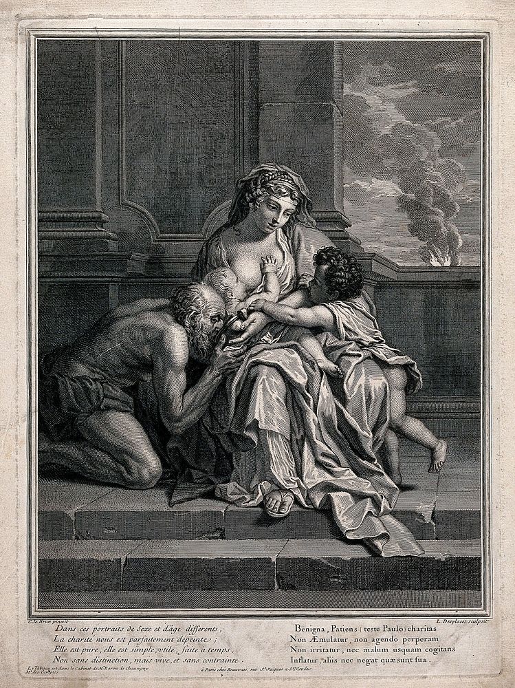 Charity breastfeeding a baby, a child and an elderly man by her side. Engraving by L. Desplaces after C. Le Brun.