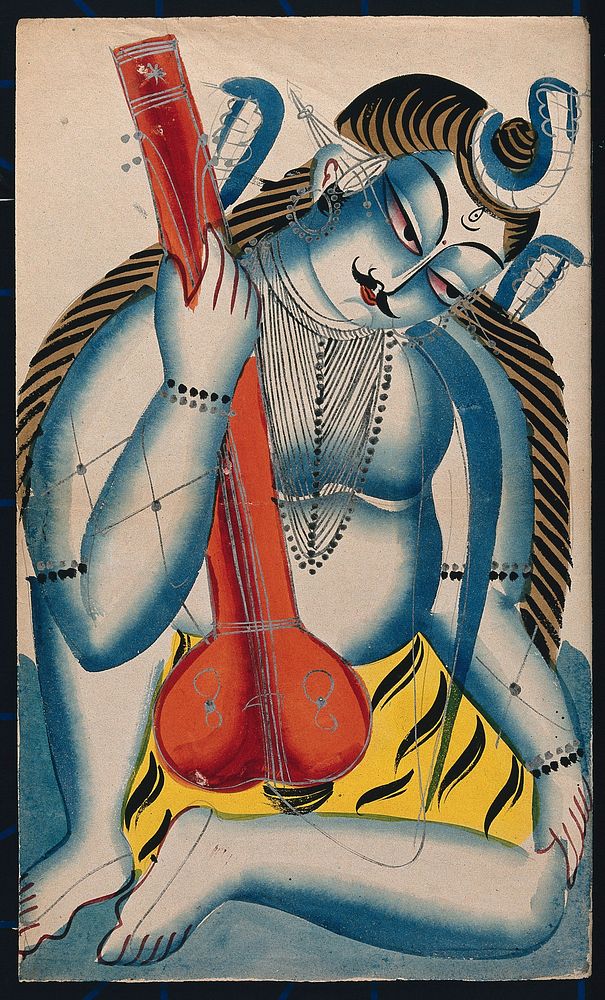 An intoxicated Shiva holding a sitar or tambura in the form of a lingam. Watercolour drawing.