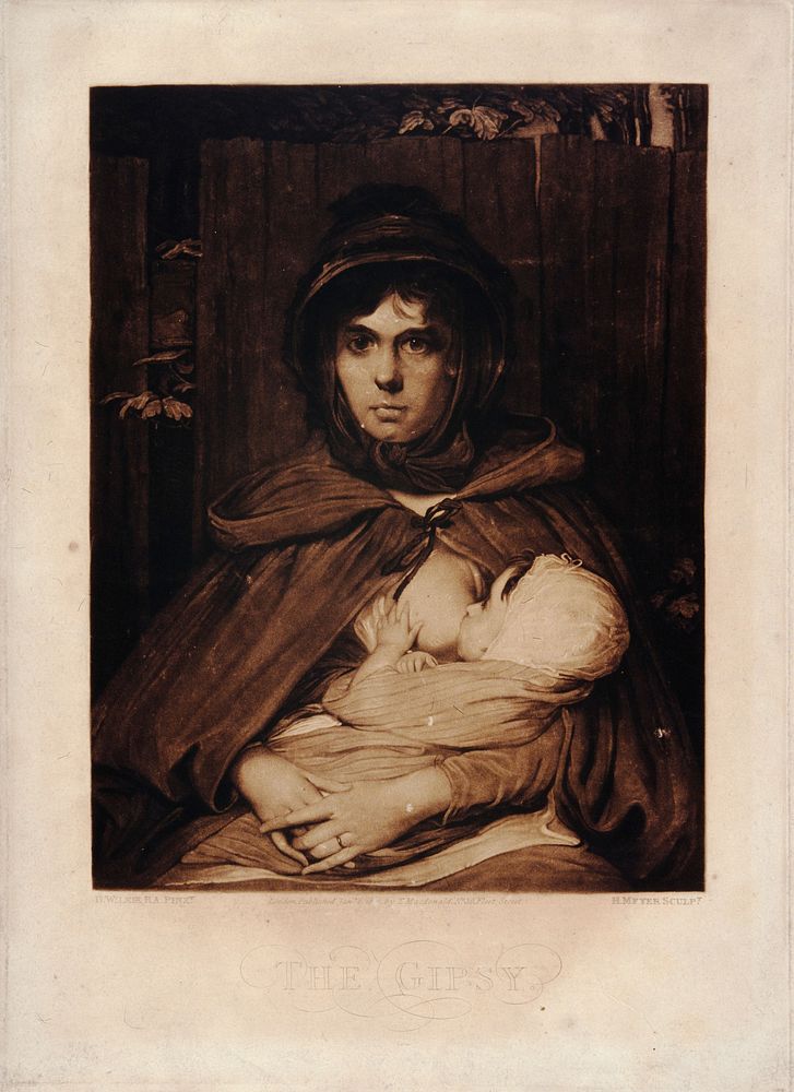 A female gipsy breast feeding her child. Mezzotint by H. Meyer, 1817, after D. Wilkie.