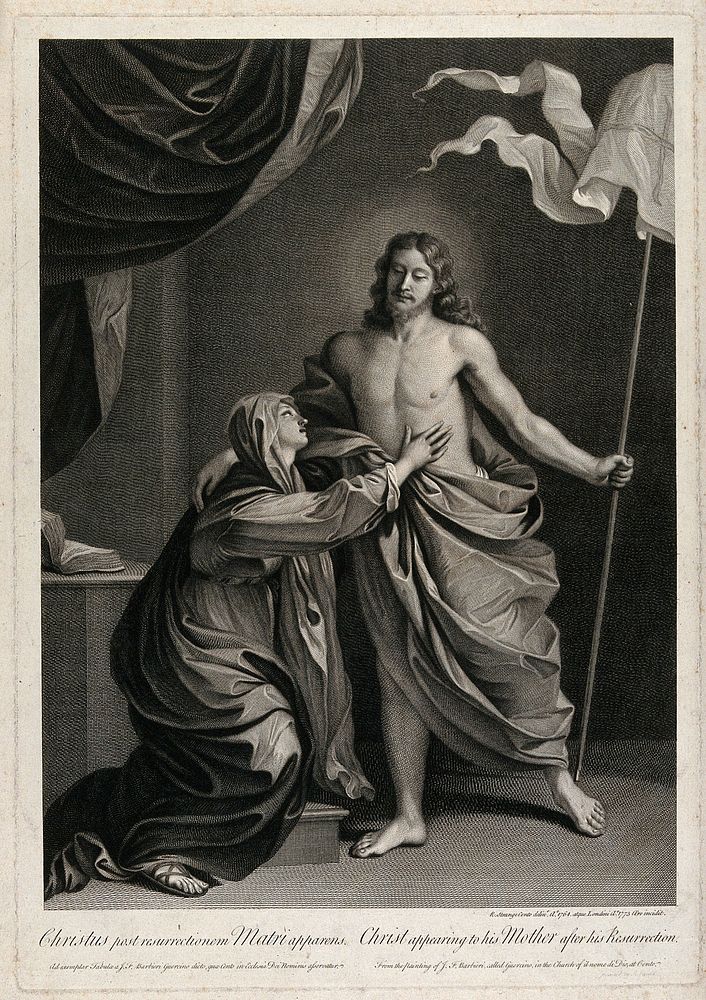 The risen Christ appears to the Virgin Mary. Line engraving by R. Strange, 1773, after himself, 1764, after G.F. Barbieri…