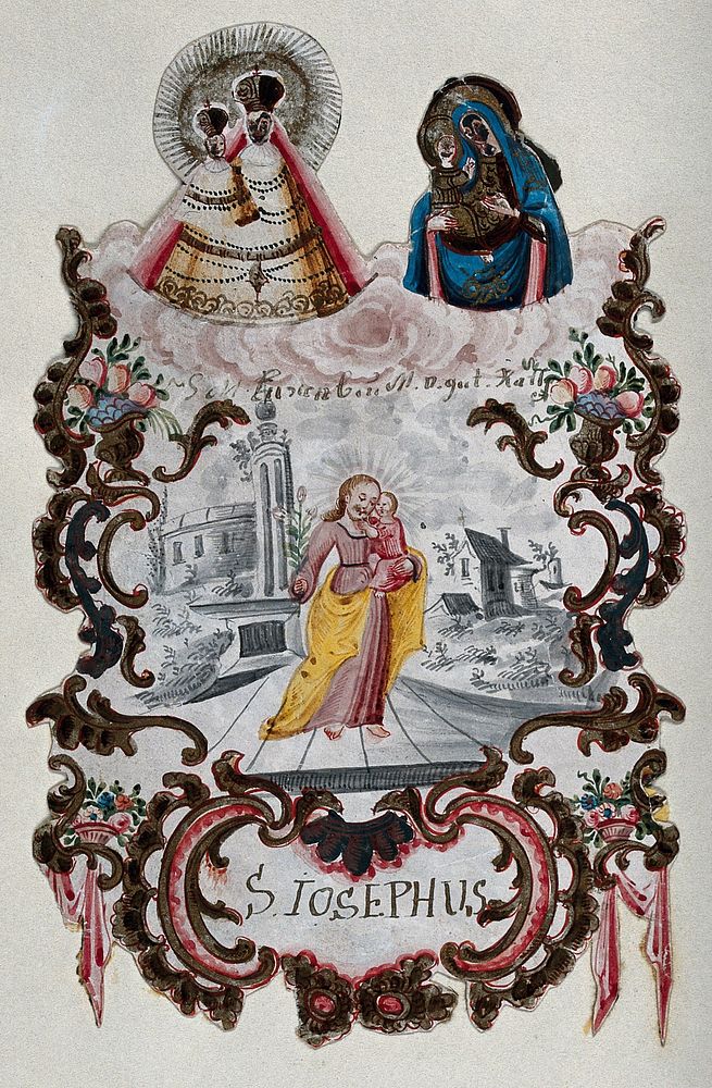 Saint Joseph holding the Christ Child beneath two images of the Virgin and Child. Watercolour drawing.