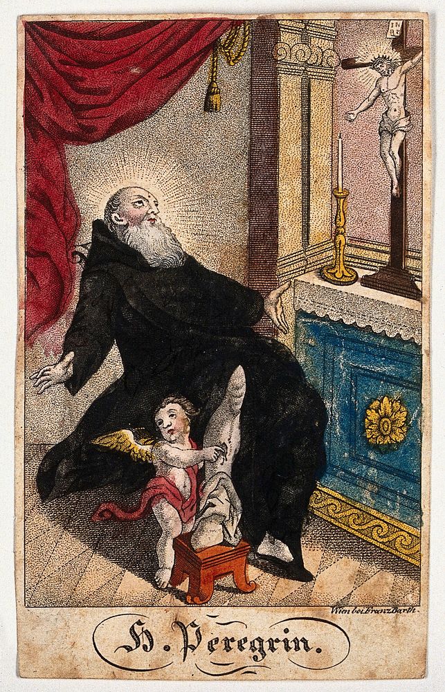 Saint Peregrinus Laziosi: a vision of Christ heals his leg by the ministration of an angel. Coloured engraving.