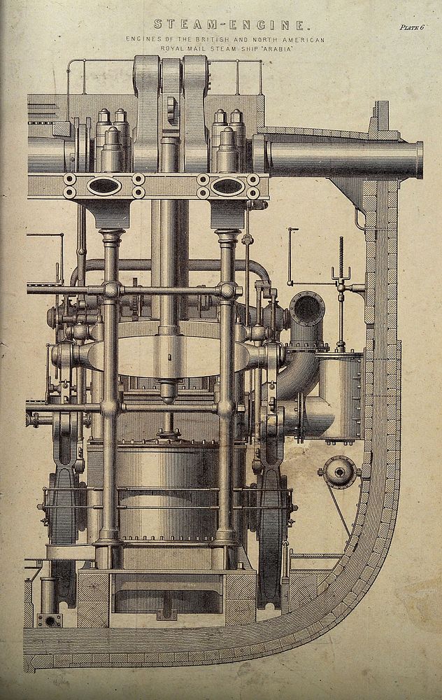 Engineering: a steam engine, on board a ship. Engraving c.1861.