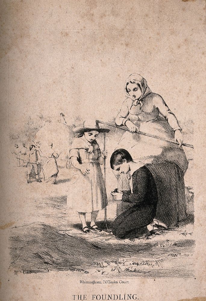 A boy kneeling, holding a baby bird found while raking corn, with a woman and a girl, each holding a rake. Lithograph.