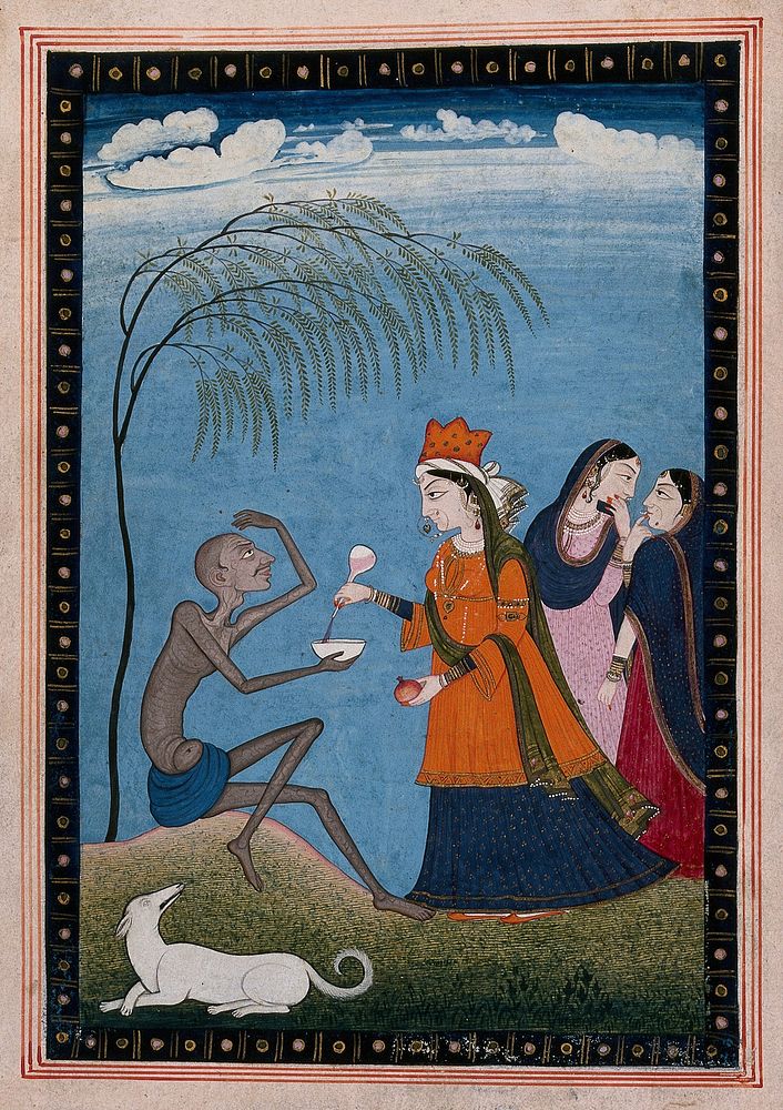 An emaciated Hindu ascetic or holy man, seated on a knoll under a tree, with his left hand held over his head; a richly…