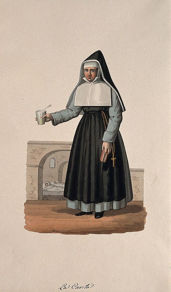 A nun in her habit carrying medicine and her Bible, with her hospital behind her. Watercolour drawing.