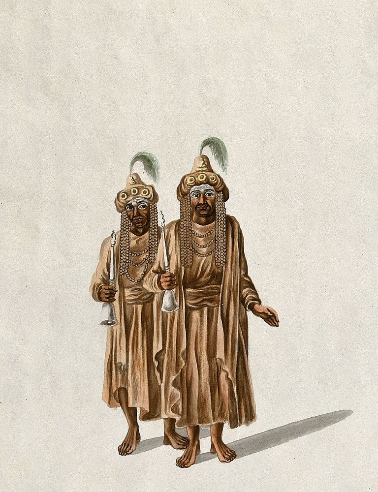 Two fakirs, Hindu or Muslim mendicant monks, holding bells. Gouache painting by an Indian artist.