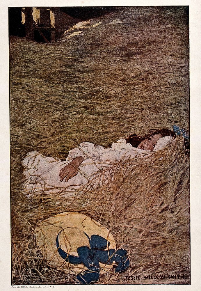 A girl lies in a hayloft with her discarded hat beside her. Colour process print after Jessie Wilcox-Smith.
