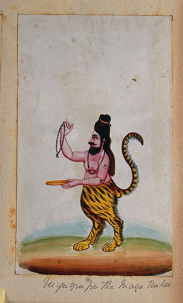 Vyaghrapada, a maharishi with the head and torso of a man and legs and tail of a tiger, holding a necklace and a dish.…
