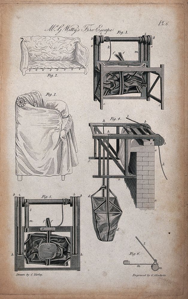 A device which could be used for escaping from a fire. Etching G. Gladwin after C. Varley.