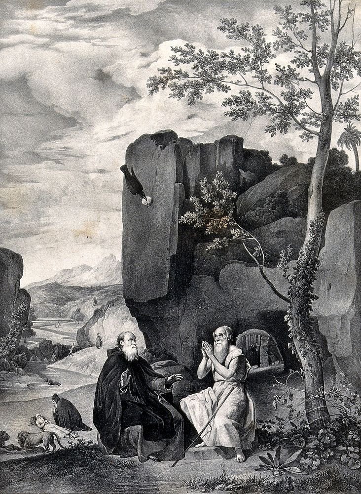 Saint Antony Abbot with Saint Paul the Hermit. Lithograph by F. Blanchard after D.R. de Silva Velazquez.
