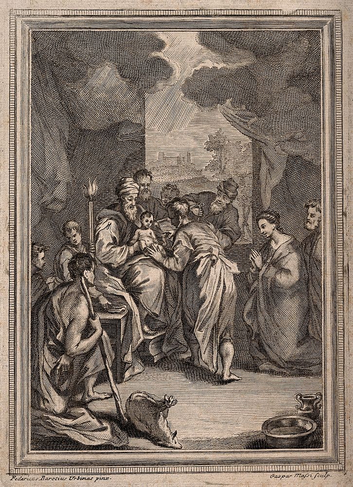 Christ being circumcised in the temple. Engraving by G. Massi after F. Barocci.