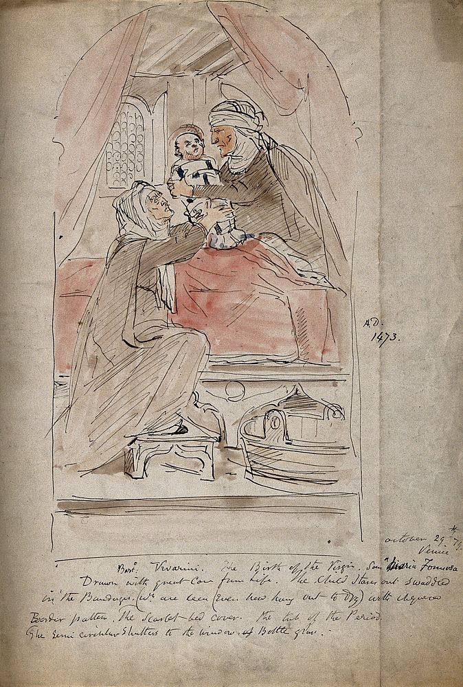The birth of the Virgin Mary, the midwife hands the baby Mary (in swaddling clothes) to her mother Anne. Coloured pen…