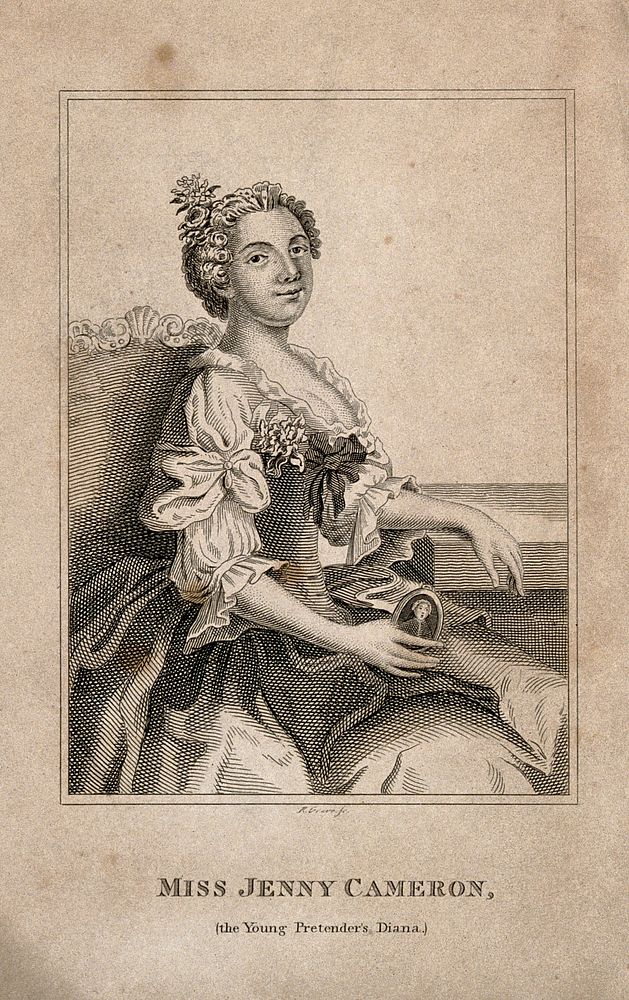Jenny Cameron, holding a portrait of the 'young pretender'. Line engraving by R. Graves.