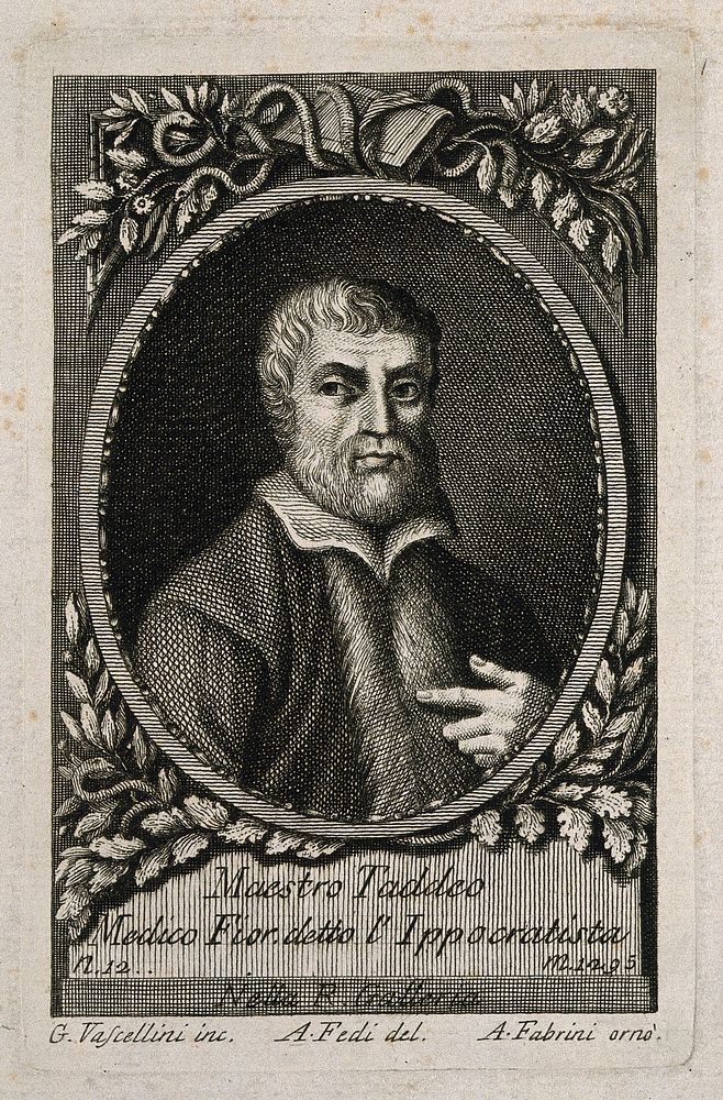 Florentinus Thaddaeus [Taddeo Alderotti]. Line engraving by G. Vascellini after A. Fedi after G. Traballesi.