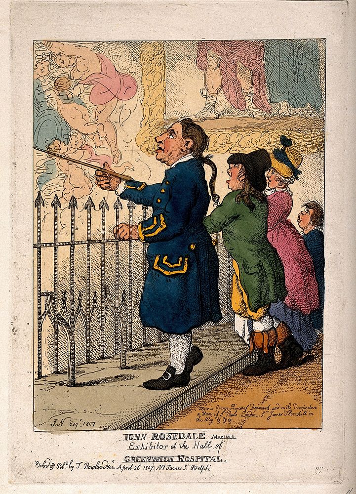 A Greenwich Pensioner showing the Thornhill decorations in the Painted Hall to a family of visitors. Coloured etching by T.…