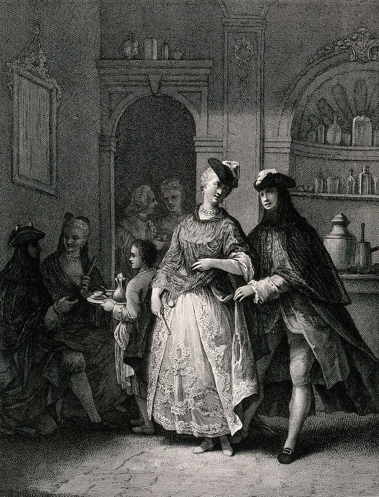 Couples entertain one another and refreshments are served by a boy. Engraving by G. Volpato after F. Maggiotto.