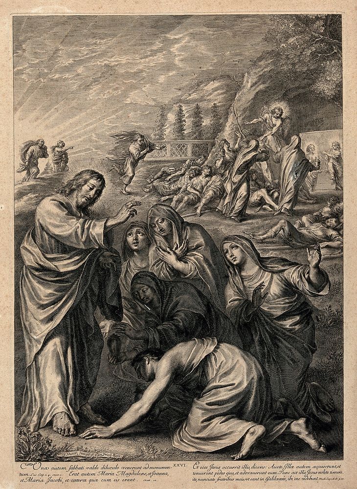 Christ appears to the holy women after his death. Engraving by G. Huret after himself.
