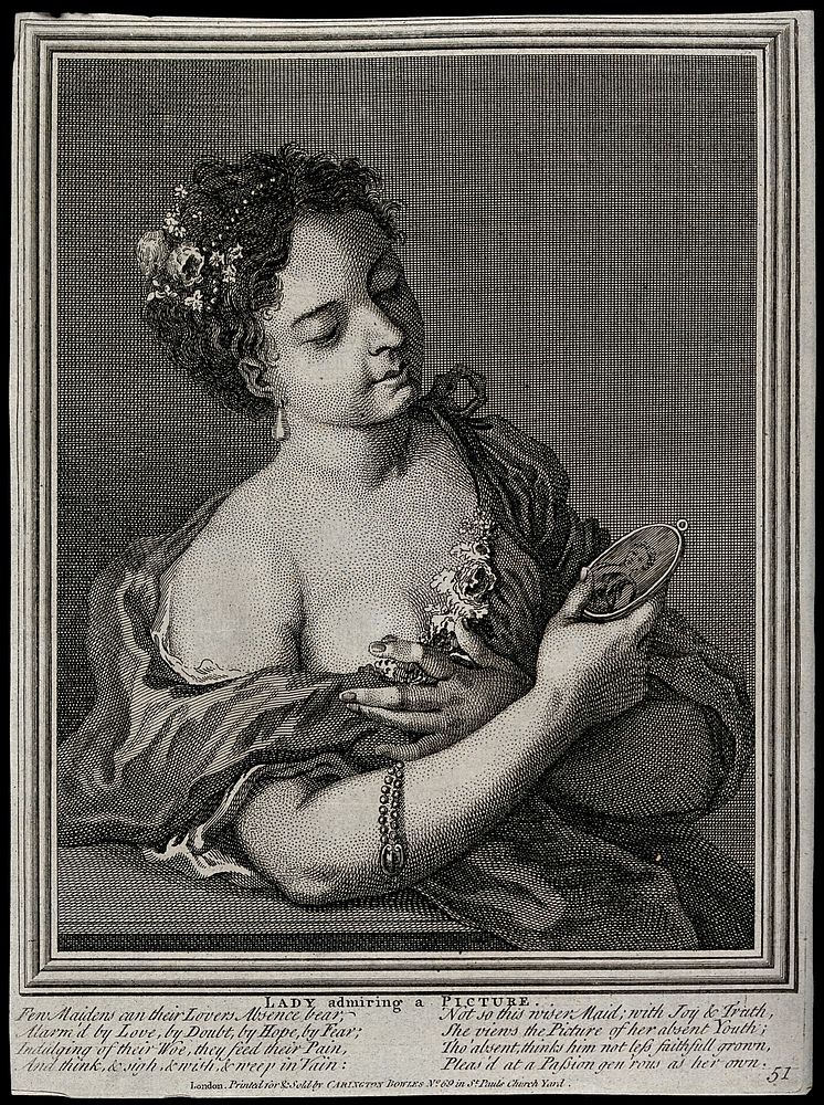 A woman in a shift contemplating a miniature painting of her lover. Engraving.