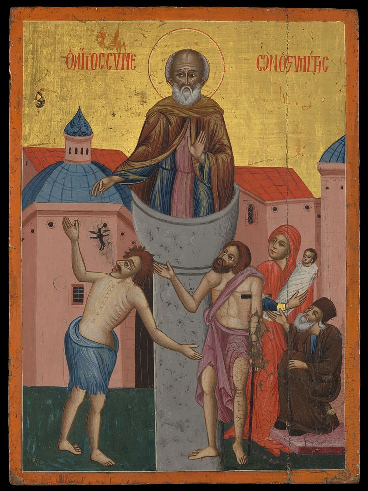 Saint Simeon Stylites the younger. Tempera painting.
