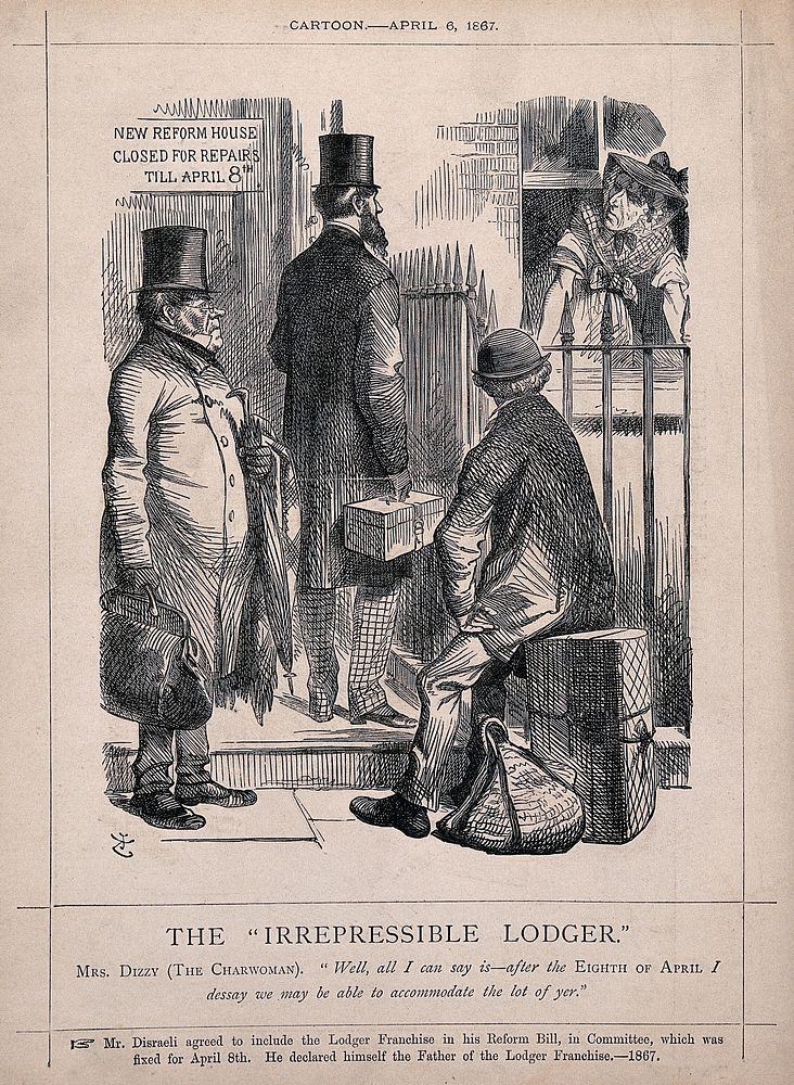 Three men seeking lodgings standing on the doorstep of a house where the charwoman (Benjamin Disraeli) addresses them from…