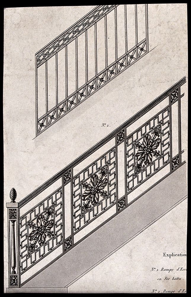 Architecture: two designs for stair balustrades. Etching.
