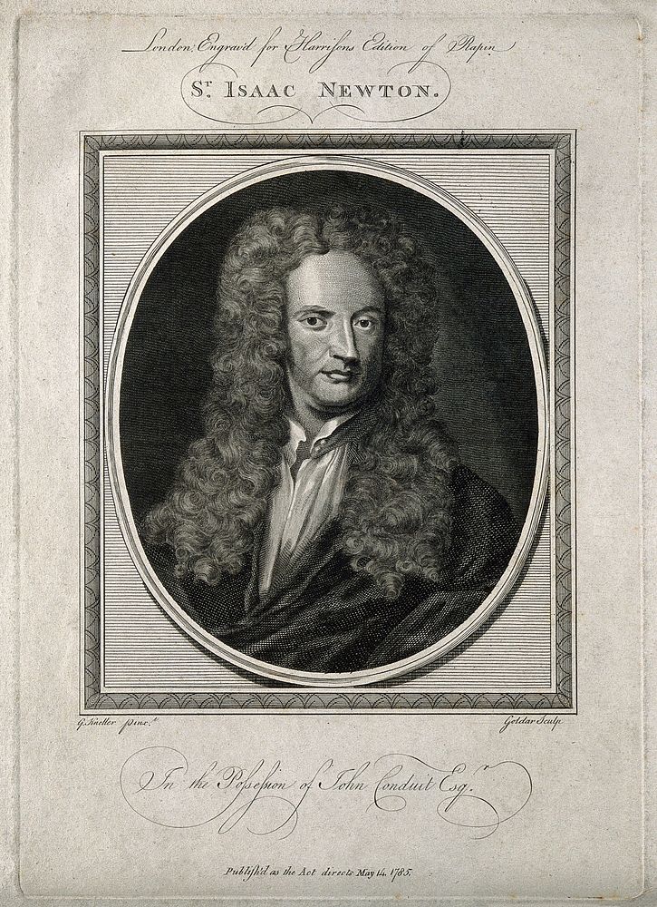 Sir Isaac Newton. Line engraving by J. Goldar after Sir G. Kneller, 1702.