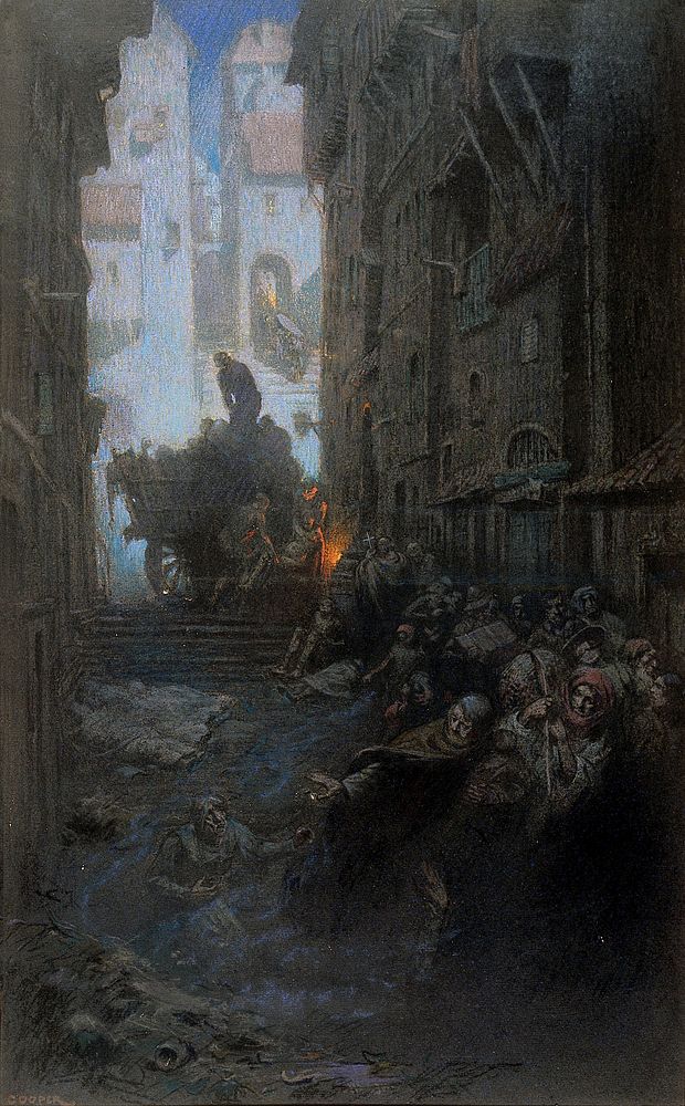 Crowded dark streets full of dead and dying people, bodies are being loaded on to a cart; representing cholera. Watercolour…